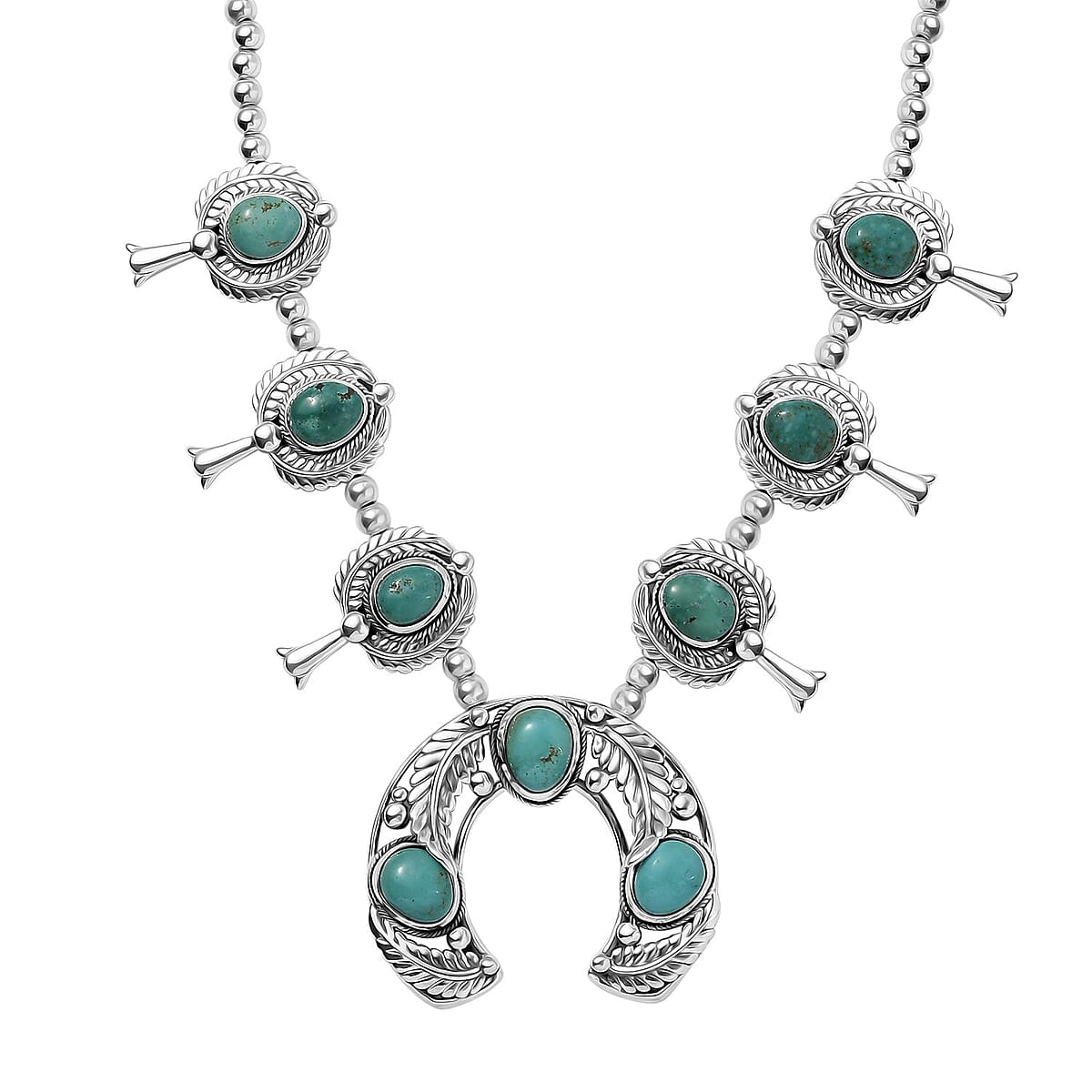 D'Joy Indian Artisan Crafted Sierra Nevada Turquoise 18.80 ctw Squash Blossom Necklace in Black Oxidized Sterling Silver 18 Inches image number 0