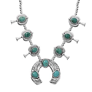 D'Joy Indian Artisan Crafted Sierra Nevada Turquoise 18.80 ctw Squash Blossom Necklace in Black Oxidized Sterling Silver 18 Inches