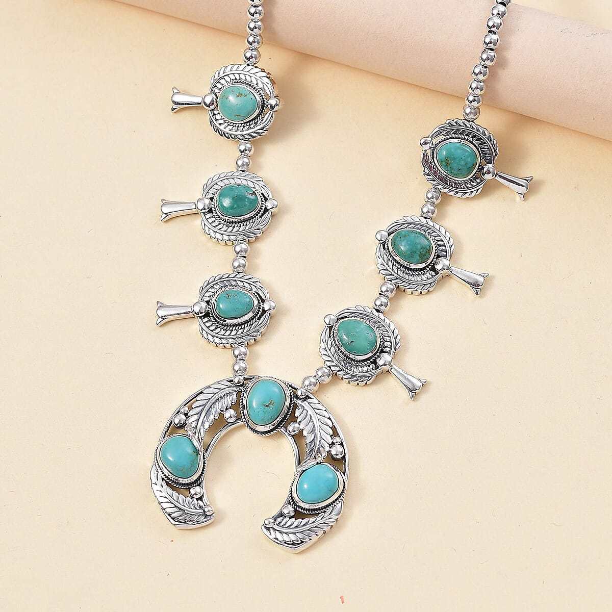 D'Joy Indian Artisan Crafted Sierra Nevada Turquoise 18.80 ctw Squash Blossom Necklace in Black Oxidized Sterling Silver 18 Inches image number 1