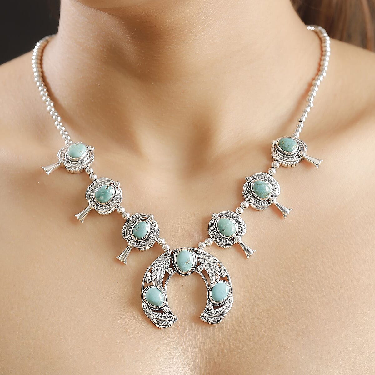 D'Joy Indian Artisan Crafted Sierra Nevada Turquoise 18.80 ctw Squash Blossom Necklace in Black Oxidized Sterling Silver 18 Inches image number 2