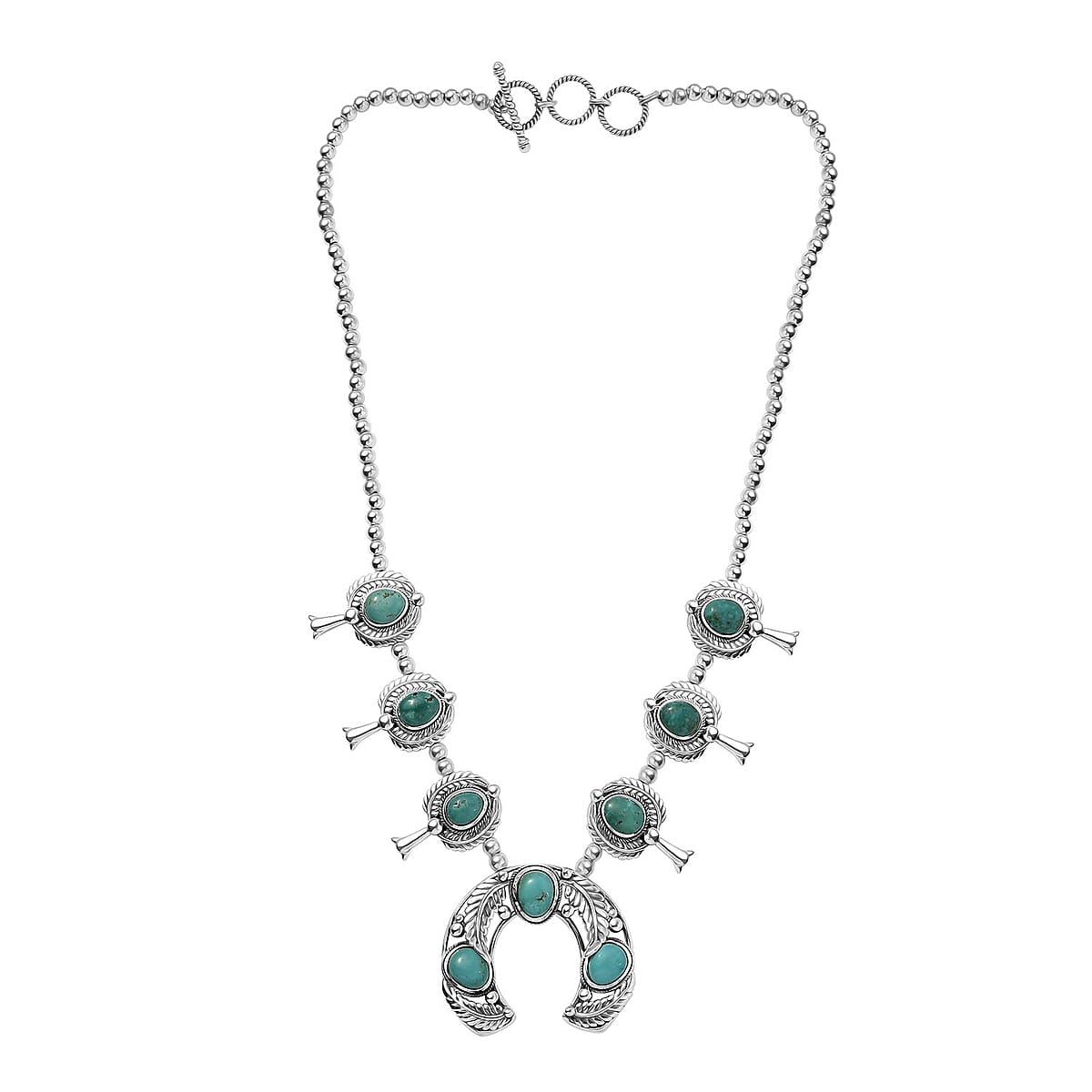 D'Joy Indian Artisan Crafted Sierra Nevada Turquoise 18.80 ctw Squash Blossom Necklace in Black Oxidized Sterling Silver 18 Inches image number 3