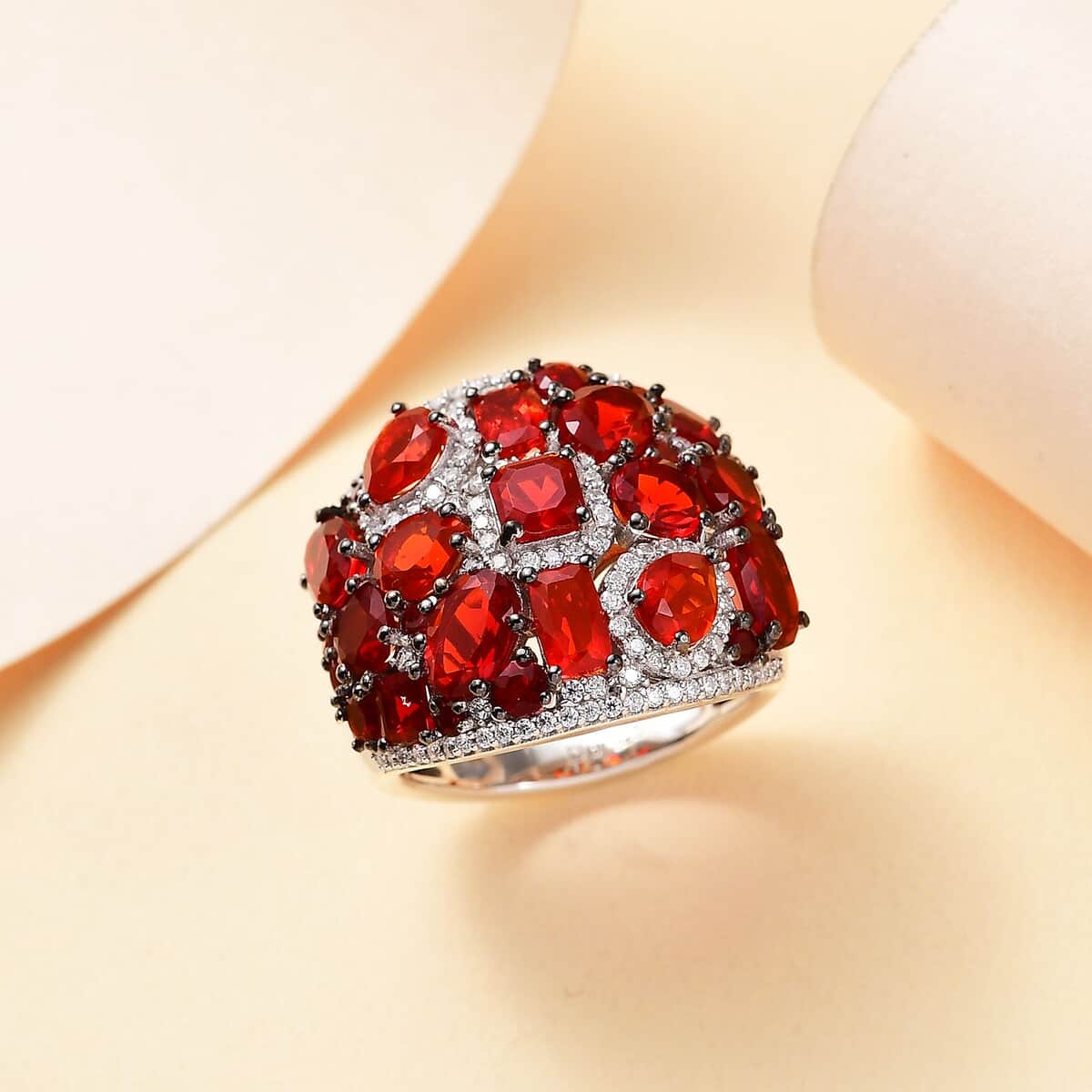 Mexican Cherry Fire Opal and Moissanite 4.50 ctw Art Deco Ring in Rhodium Over Sterling Silver (Size 10.0) image number 1