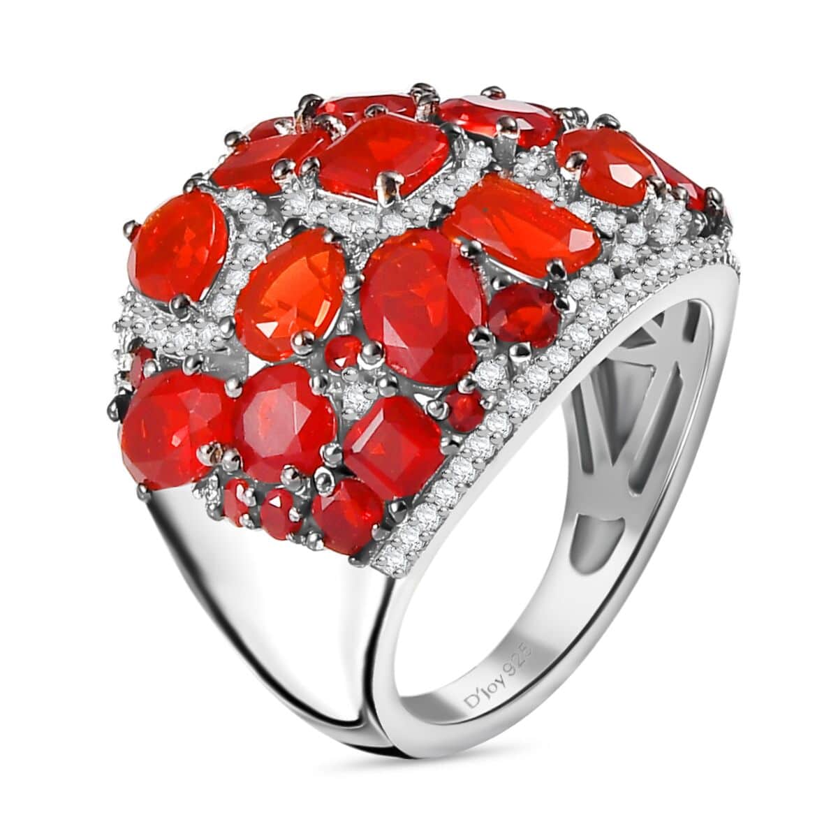 Mexican Cherry Fire Opal and Moissanite 4.50 ctw Art Deco Ring in Rhodium Over Sterling Silver (Size 10.0) image number 3