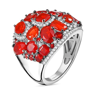 Mexican Cherry Fire Opal and Moissanite 4.50 ctw Art Deco Ring in Rhodium Over Sterling Silver (Size 10.0)