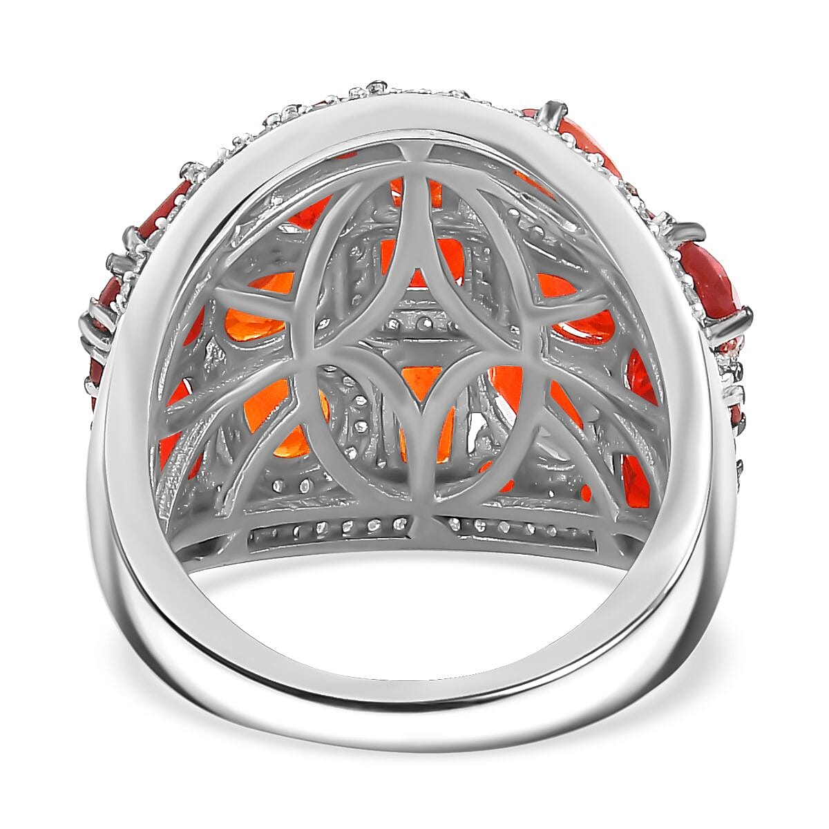 Mexican Cherry Fire Opal and Moissanite 4.50 ctw Art Deco Ring in Rhodium Over Sterling Silver (Size 10.0)