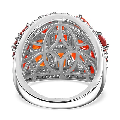 Mexican Cherry Fire Opal and Moissanite 4.50 ctw Art Deco Ring in Rhodium Over Sterling Silver (Size 10.0)