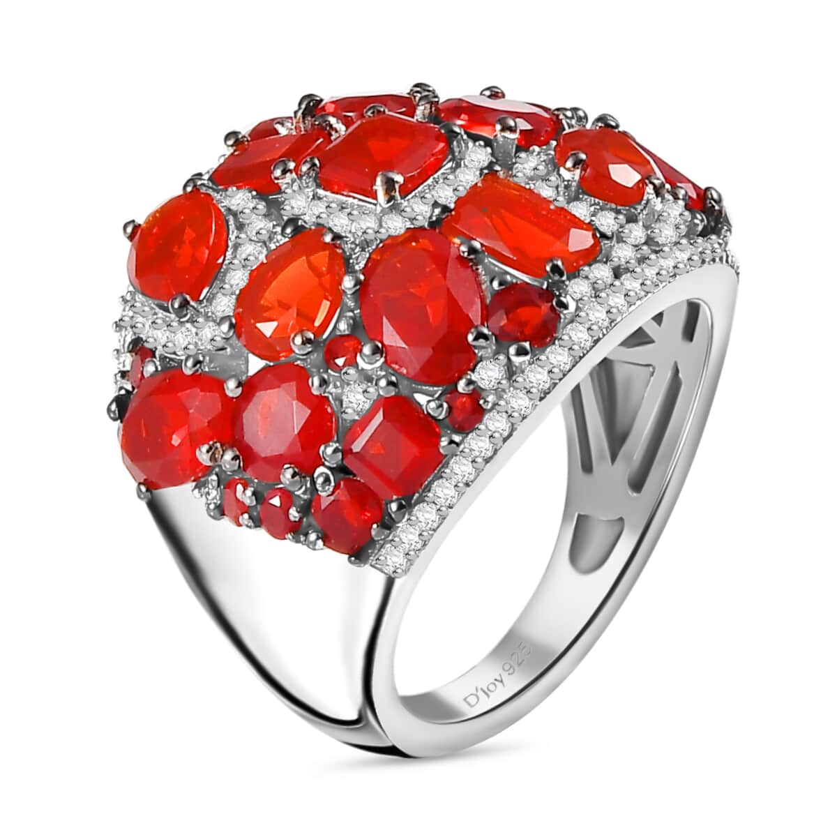 Mexican Cherry Fire Opal and Moissanite 4.50 ctw Art Deco Ring in Rhodium Over Sterling Silver (Size 6.0) image number 3