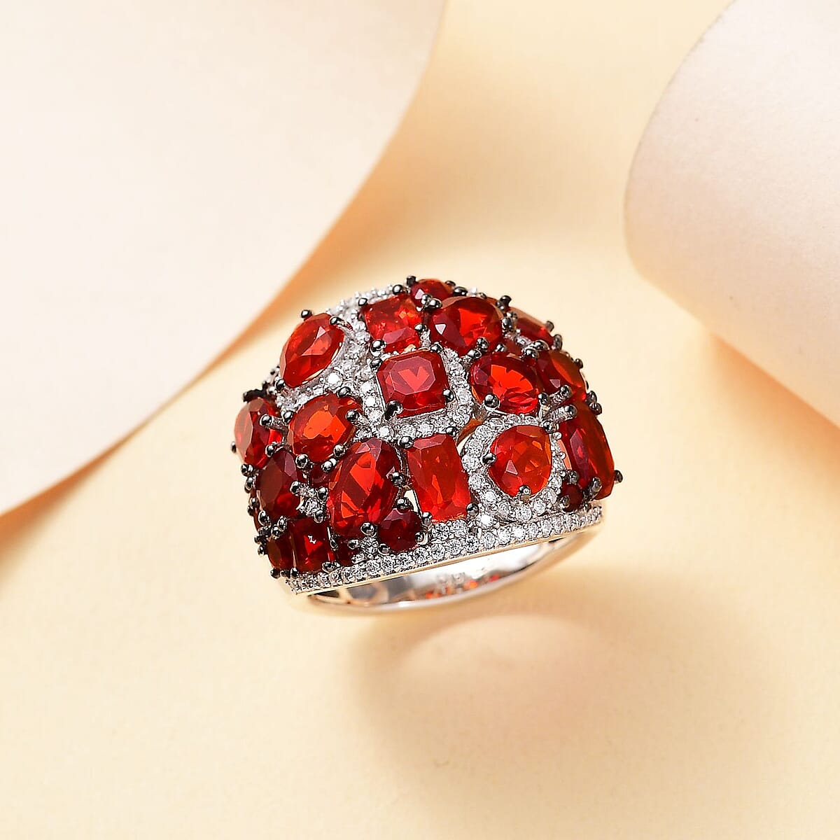 Mexican Cherry Fire Opal and Moissanite 4.50 ctw Art Deco Ring in Rhodium Over Sterling Silver (Size 7.0) image number 1