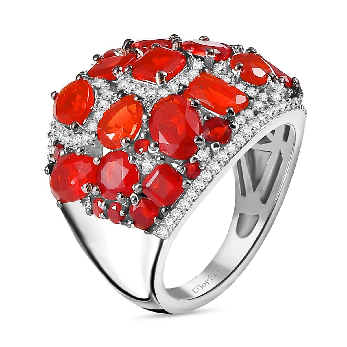 Mexican Cherry Fire Opal and Moissanite 4.50 ctw Art Deco Ring in Rhodium Over Sterling Silver (Size 7.0) image number 3