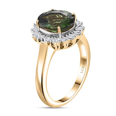Luxoro Premium Madagascar Green Apatite and G-H I2 Diamond 3.15 ctw Verdant Blossom Ring in 10K Yellow Gold (Size 5.0) 4.30 Grams