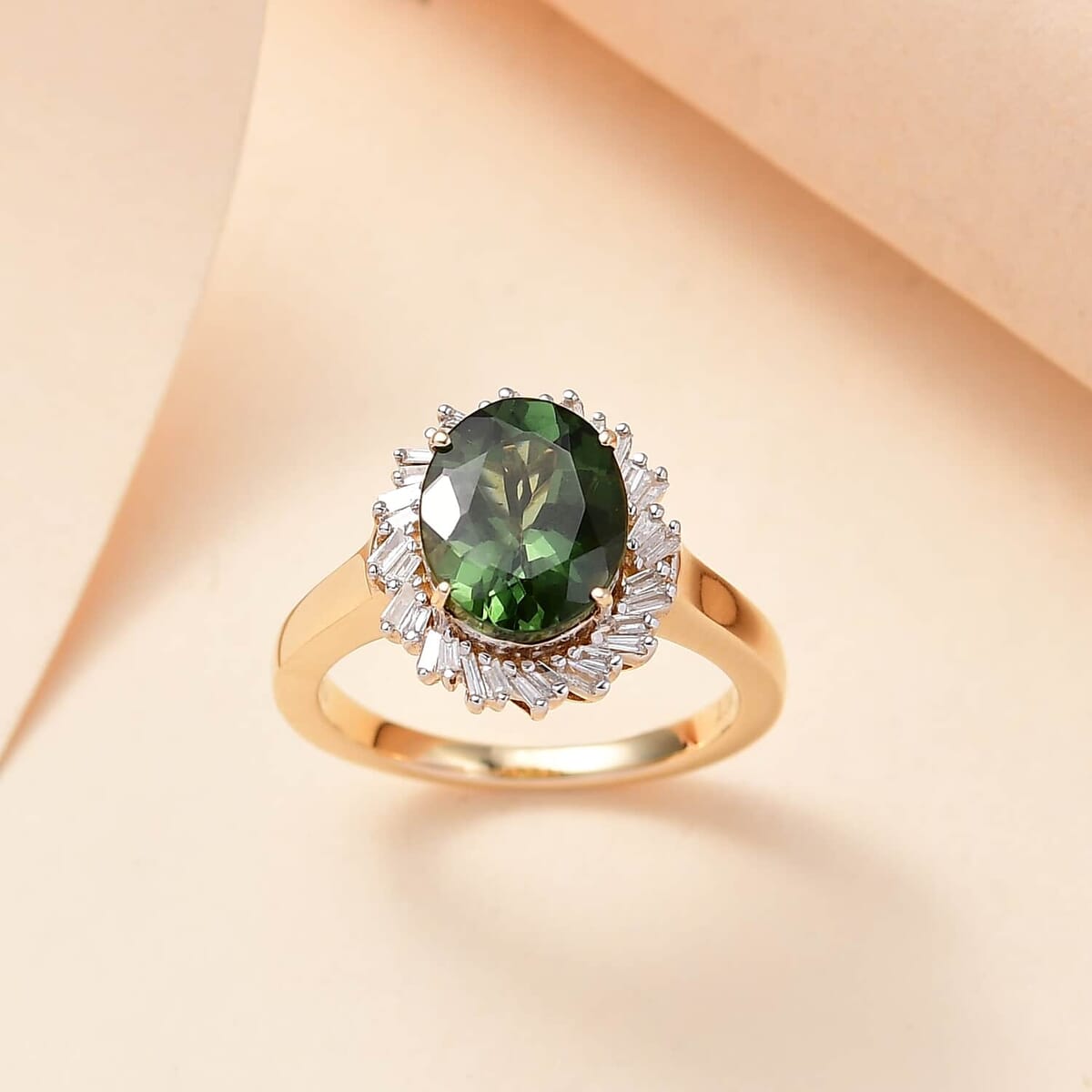 Luxoro Premium Madagascar Green Apatite and G-H I2 Diamond 3.15 ctw Verdant Blossom Ring in 10K Yellow Gold (Size 9.5) 4.30 Grams image number 1