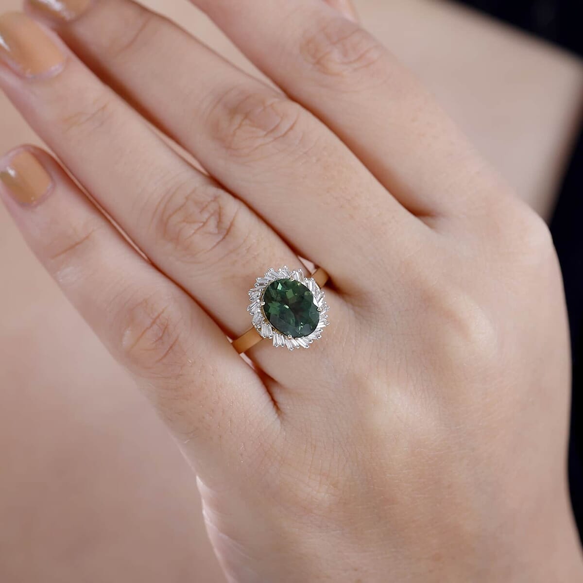 Luxoro Premium Madagascar Green Apatite and G-H I2 Diamond 3.15 ctw Verdant Blossom Ring in 10K Yellow Gold (Size 9.5) 4.30 Grams image number 2