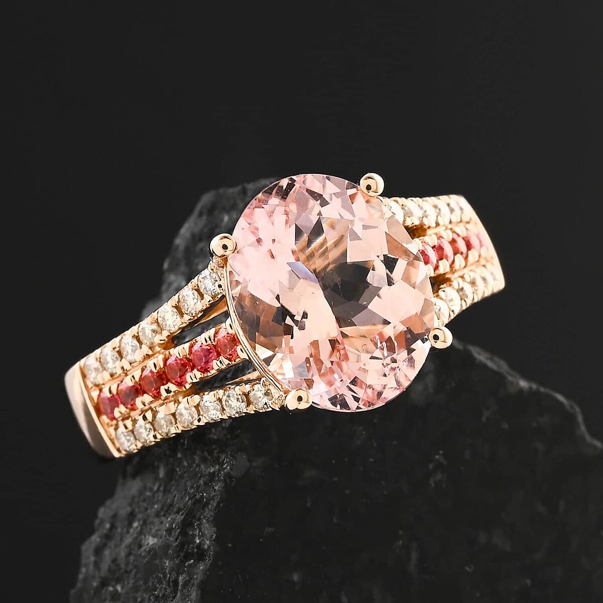 Certified & Appraised Luxoro AAA Pink Morganite, Padparadscha Sapphire and G-H I2 Diamond 3.00 ctw Ring in 10K Rose Gold (Size 9.5) 4.35 Grams image number 1