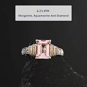 Certified & Appraised Luxoro AAA Pink Morganite, Santa Maria Aquamarine and G-H I2 Diamond 2.75 ctw Ring in 10K Rose Gold (Size 5.0) 4.15 Grams