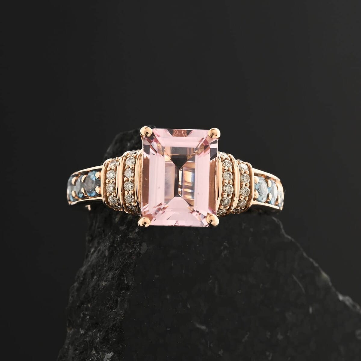 Certified & Appraised Luxoro AAA Pink Morganite, Santa Maria Aquamarine and G-H I2 Diamond 2.75 ctw Ring in 10K Rose Gold (Size 7.5) 4.15 Grams image number 1