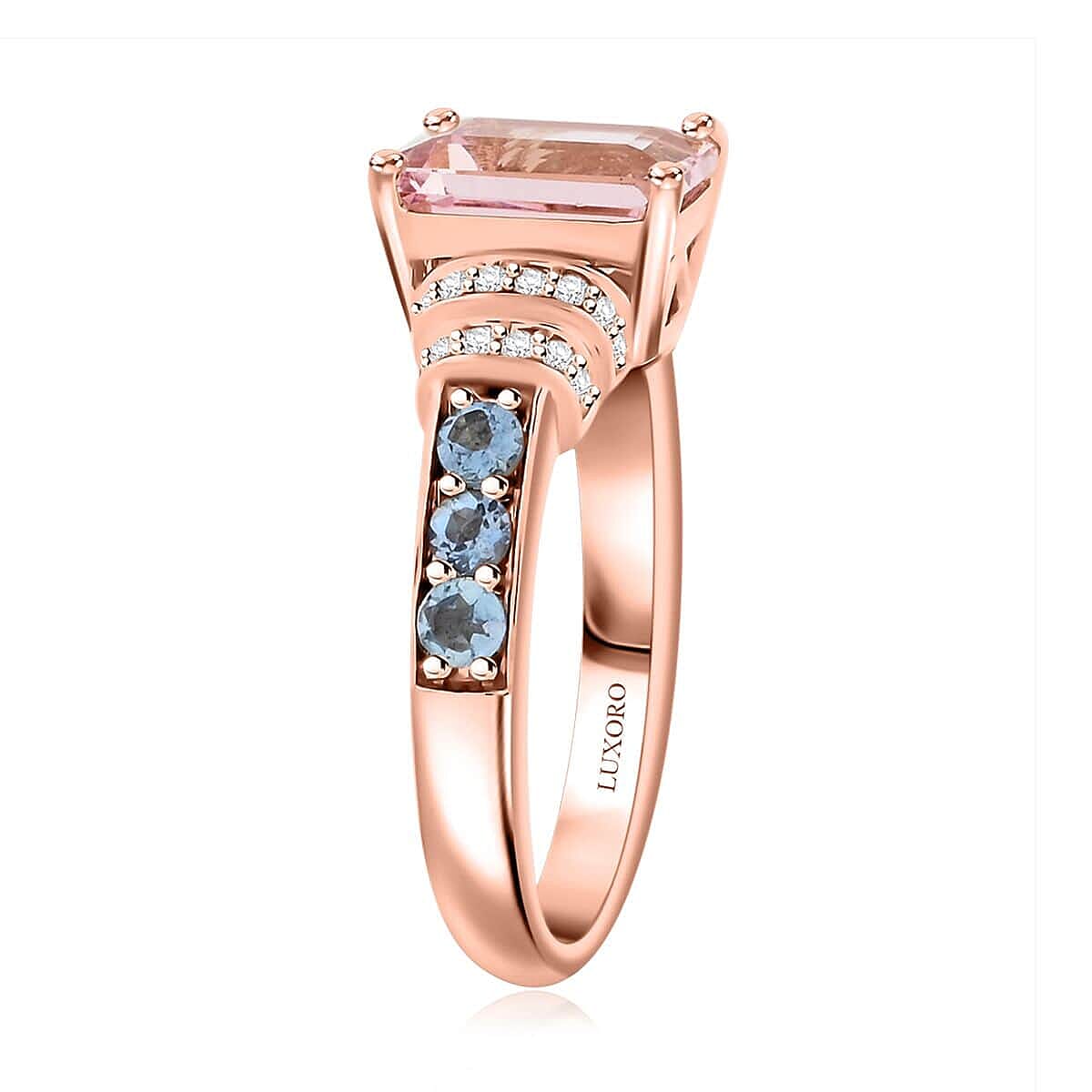 Certified & Appraised Luxoro AAA Pink Morganite, Santa Maria Aquamarine and G-H I2 Diamond 2.75 ctw Ring in 10K Rose Gold (Size 10.5) 4.15 Grams image number 3