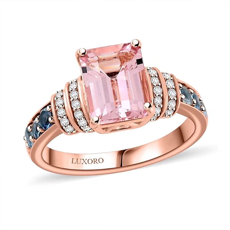 Certified & Appraised Luxoro AAA Pink Morganite, Santa Maria Aquamarine and G-H I2 Diamond 2.75 ctw Ring in 10K Rose Gold (Size 11.0) 4.15 Grams