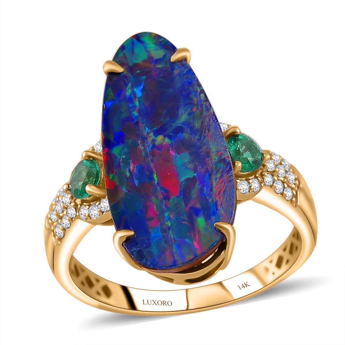 Luxoro 14K Yellow Gold AAA Boulder Opal Doublet, Boyaca Colombian Emerald, White Diamond (I2) (0.16 cts) Glacier Reflection Ring (Size 6.0) 4.90 ctw image number 0