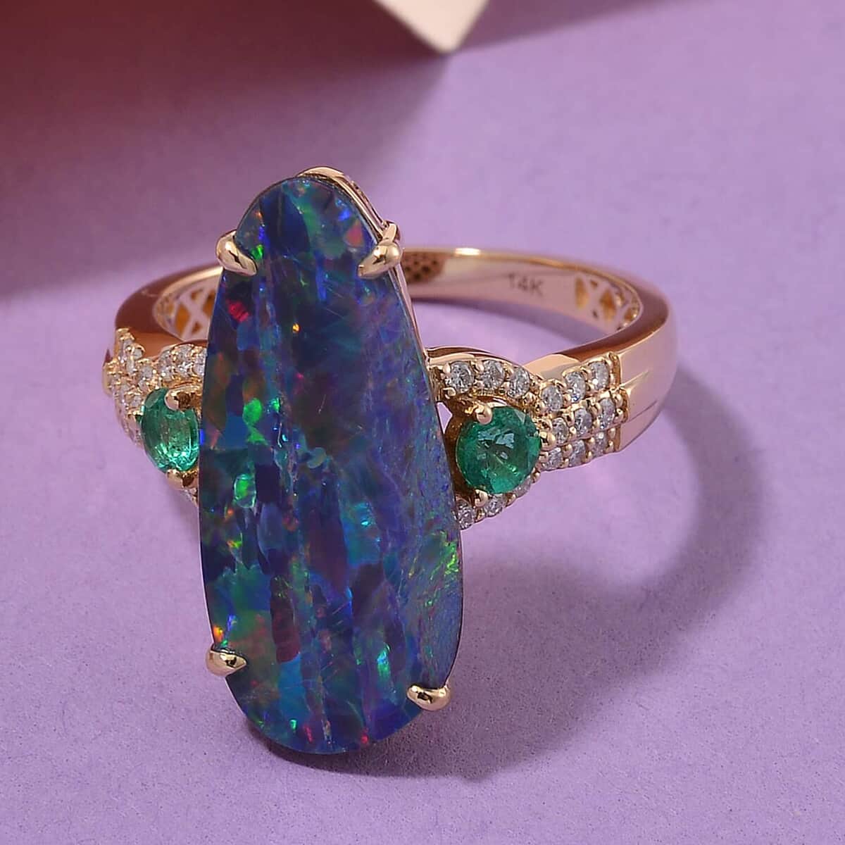 Luxoro 14K Yellow Gold AAA Boulder Opal Doublet, Boyaca Colombian Emerald, White Diamond (I2) (0.16 cts) Glacier Reflection Ring (Size 6.0) 4.90 ctw image number 1