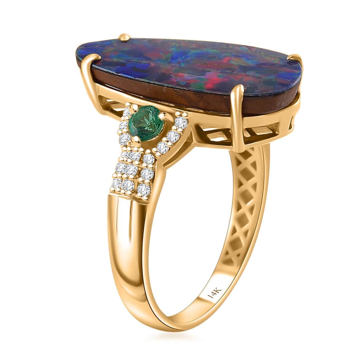 Luxoro 14K Yellow Gold AAA Boulder Opal Doublet, Boyaca Colombian Emerald, White Diamond (I2) (0.16 cts) Glacier Reflection Ring (Size 6.0) 4.90 ctw image number 3