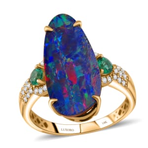 Luxoro AAA Boulder Opal Doublet, Boyaca Colombian Emerald and I2 Diamond 4.90 ctw Glacier Reflection Ring in 14K Yellow Gold (Size 7.0)