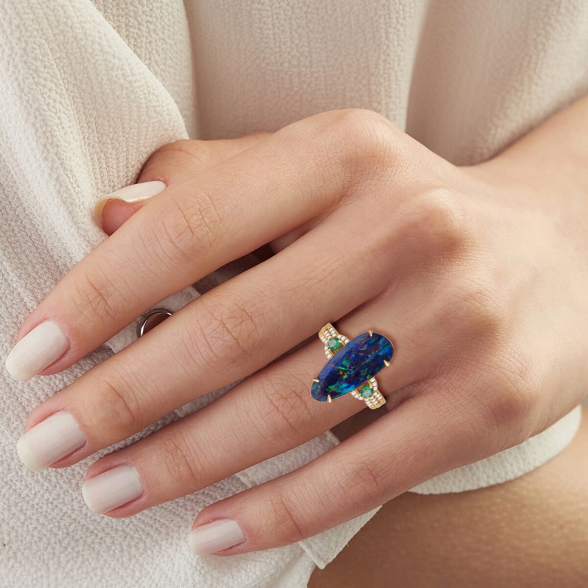 Luxoro AAA Boulder Opal Doublet, Boyaca Colombian Emerald and I2 Diamond 4.90 ctw Glacier Reflection Ring in 14K Yellow Gold (Size 8.0) image number 2