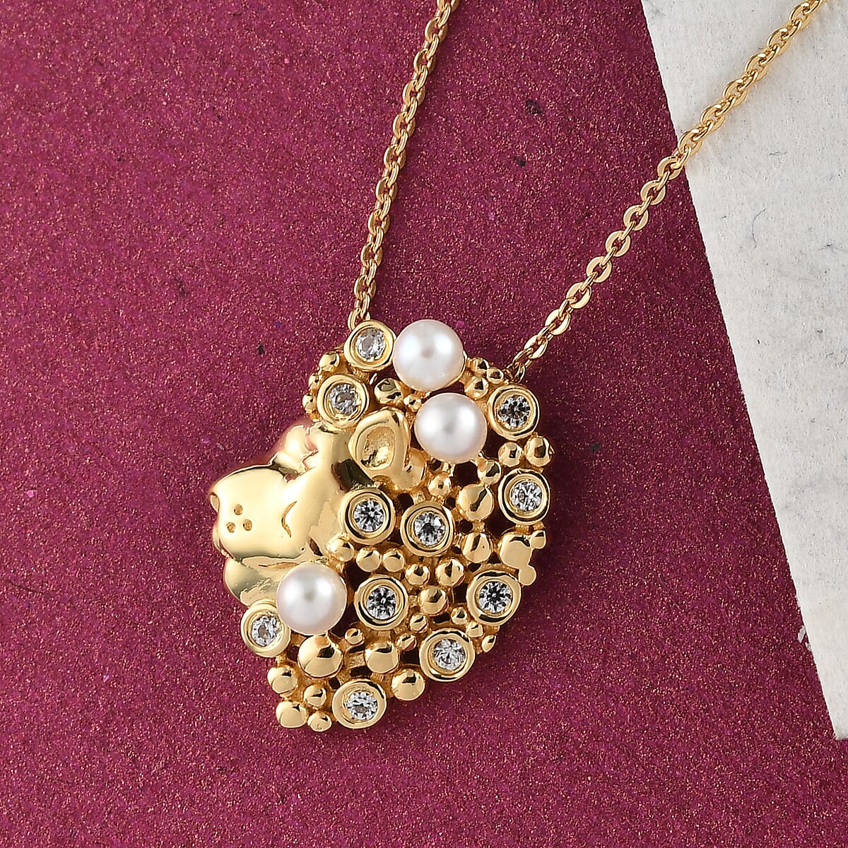 Freshwater Pearl and Natural White Zircon Leo Zodiac Necklace 18 Inches in Vermeil Yellow Gold Over Sterling Silver 0.25 ctw image number 1