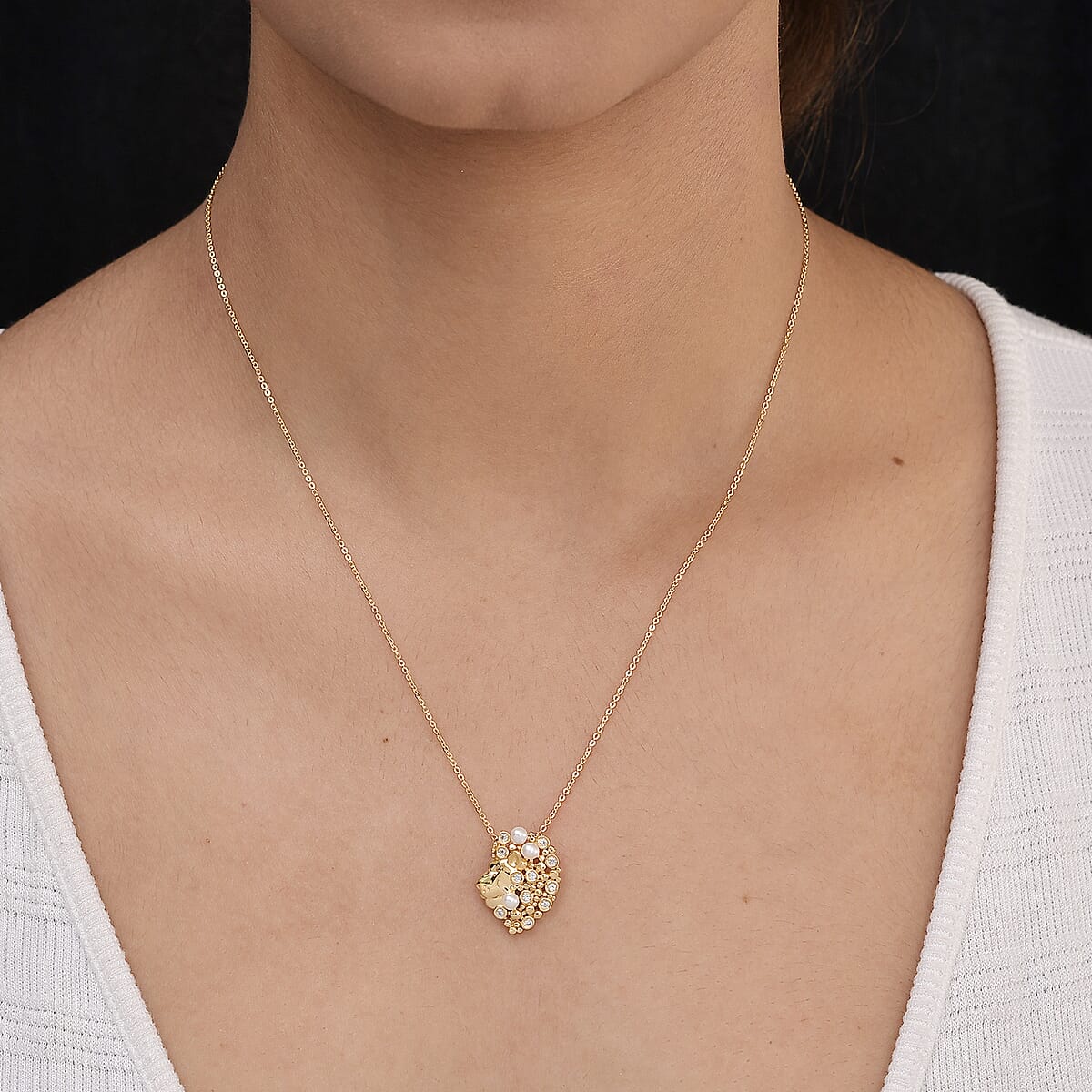 Freshwater Pearl and Natural White Zircon Leo Zodiac Necklace 18 Inches in Vermeil Yellow Gold Over Sterling Silver 0.25 ctw image number 2