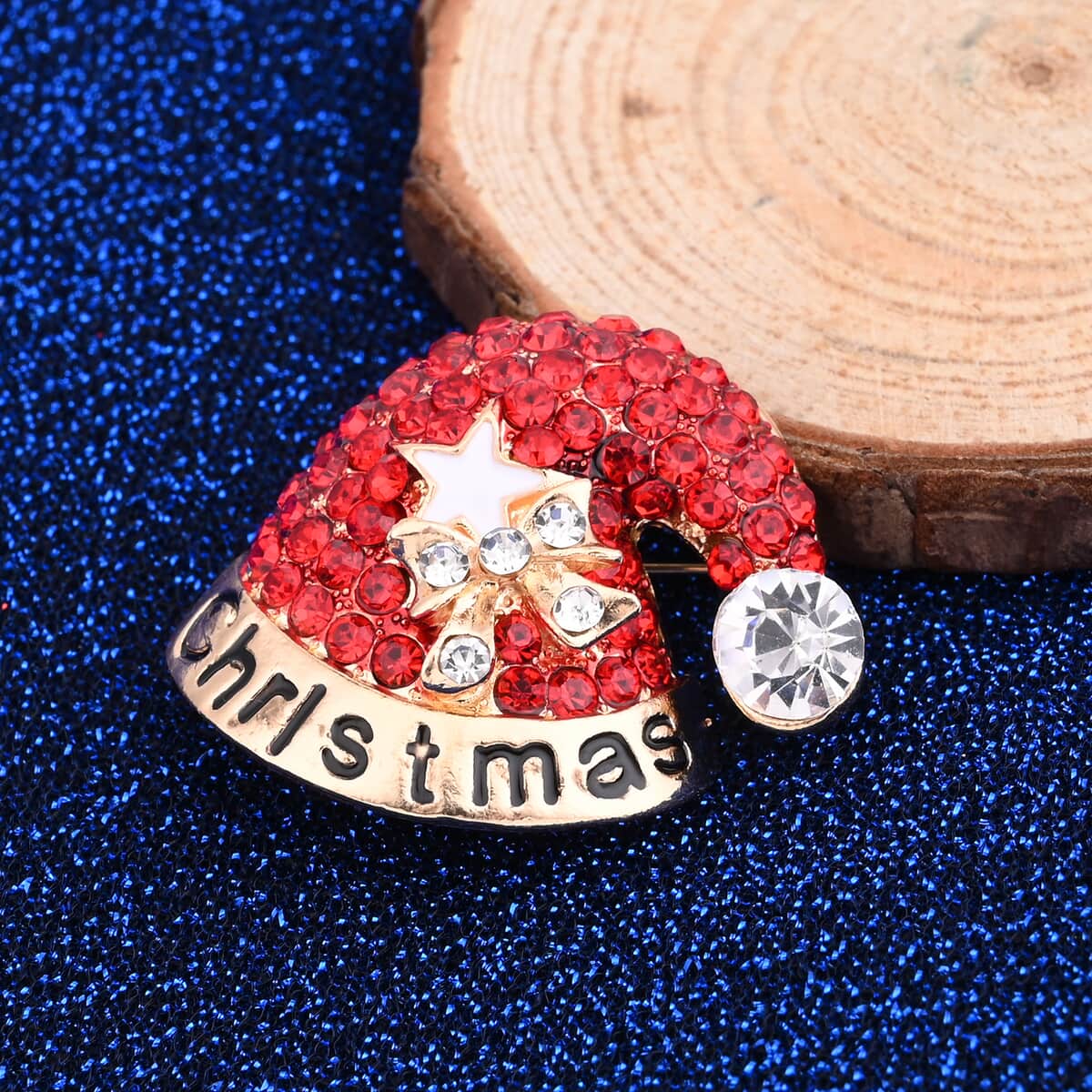 Red and White Austrian Crystal and Enameled Christmas Cap Brooch in Goldtone, Jewelry Gift For Women, Christmas Cap Pin image number 1