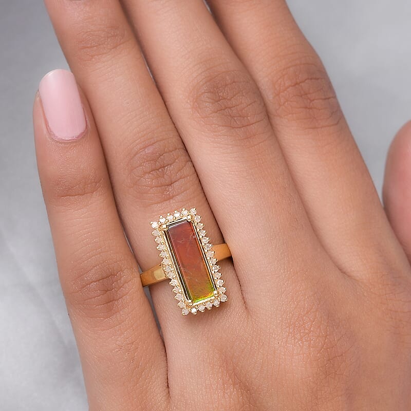 Ammolite and White Diamond 3.25 ctw Ring in Vermeil Yellow Gold Over Sterling Silver (Size 5.5)