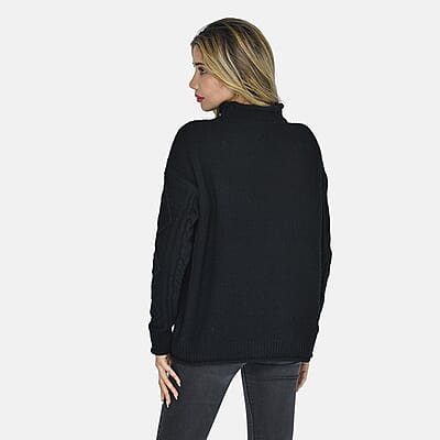 Tamsy Black Traditional Roll Neck Fisherman Sweater - L