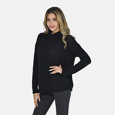 Tamsy Black Traditional Roll Neck Fisherman Sweater - L