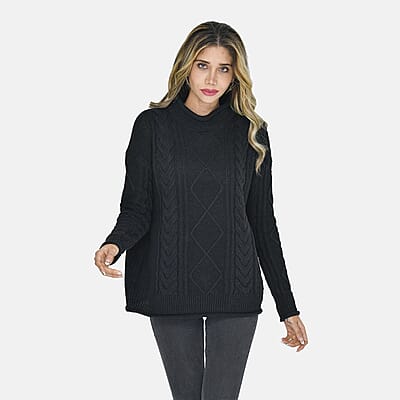 Tamsy Black Traditional Roll Neck Fisherman Sweater - L