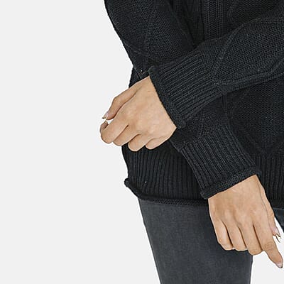 Tamsy Black Traditional Roll Neck Fisherman Sweater - L
