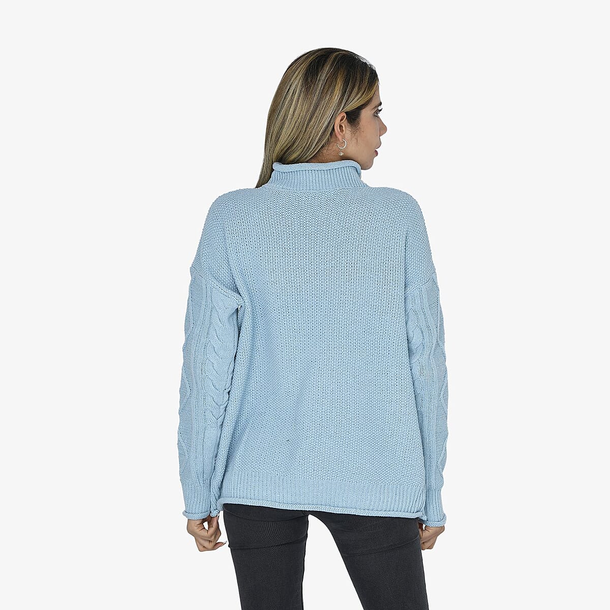 Tamsy Light Blue Traditional Roll Neck Fisherman Sweater - L image number 1