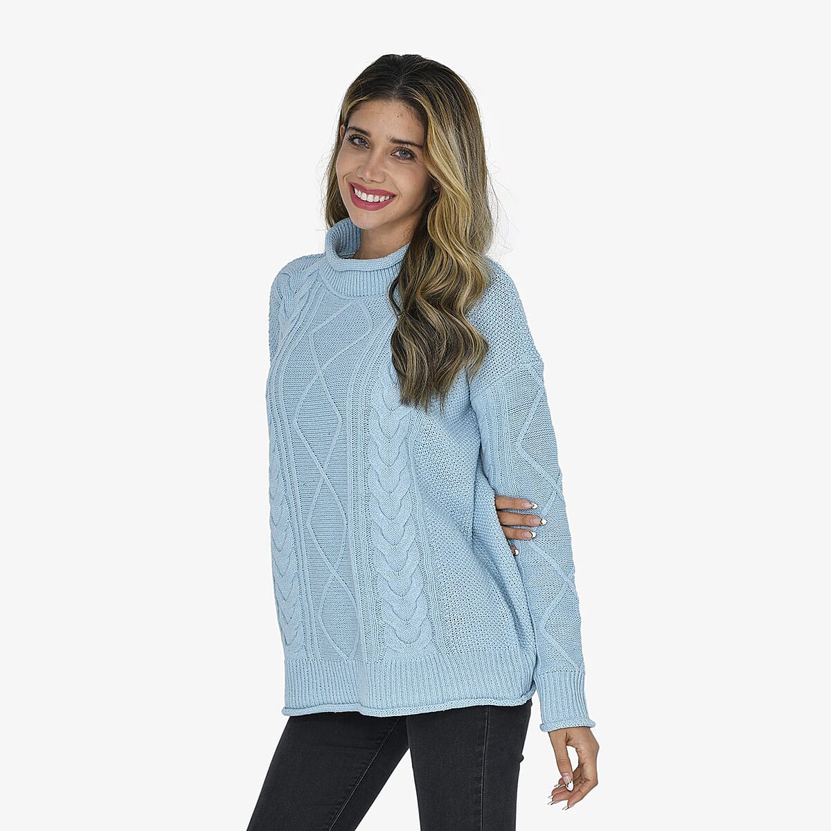 Tamsy Light Blue Traditional Roll Neck Fisherman Sweater - L image number 2
