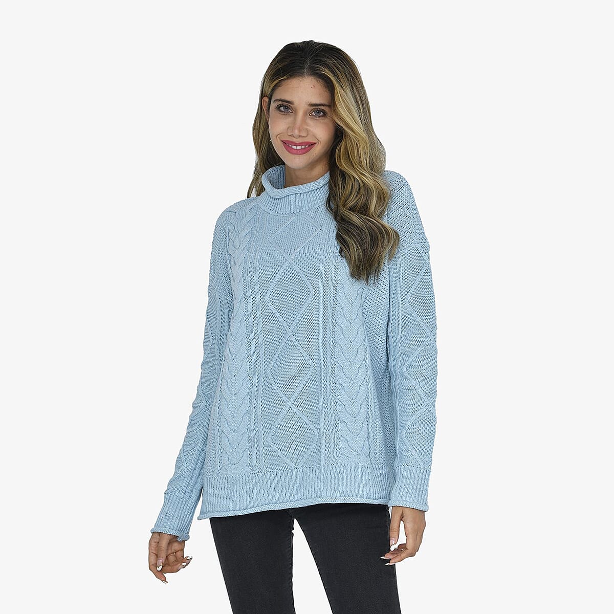 Tamsy Light Blue Traditional Roll Neck Fisherman Sweater - L image number 3