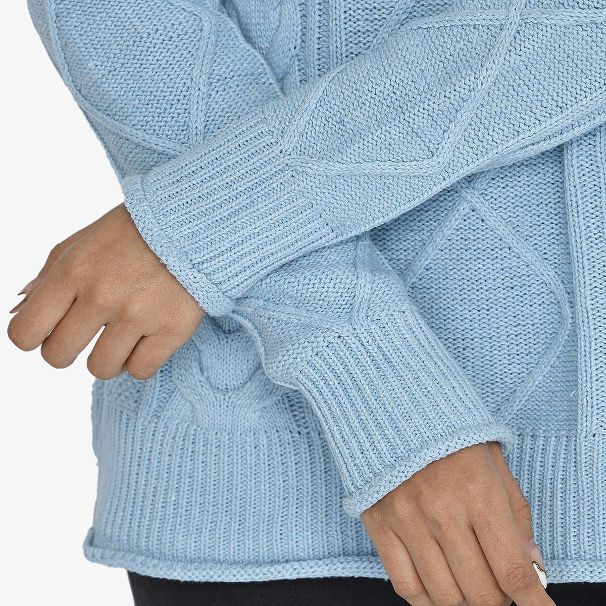Tamsy Light Blue Traditional Roll Neck Fisherman Sweater - L image number 5