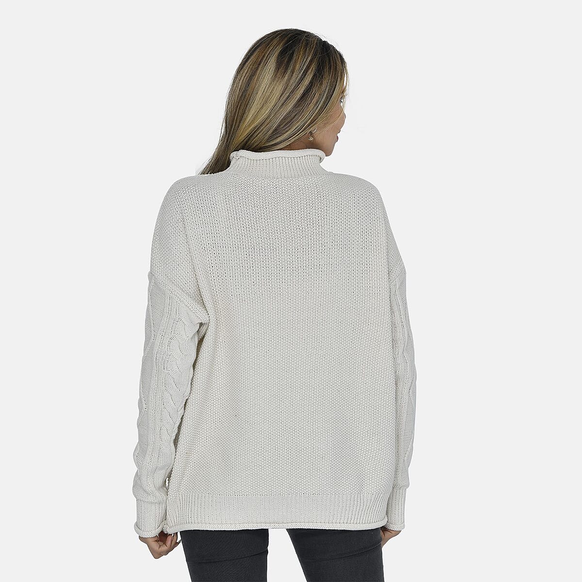 Tamsy White Traditional Roll Neck Fisherman Sweater - M image number 1