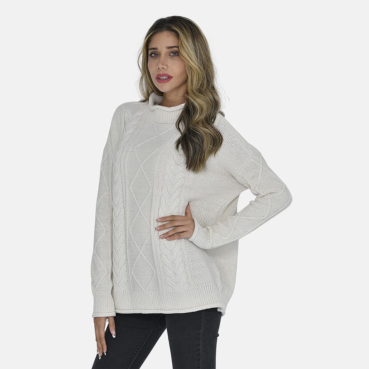 Tamsy White Traditional Roll Neck Fisherman Sweater - M image number 2