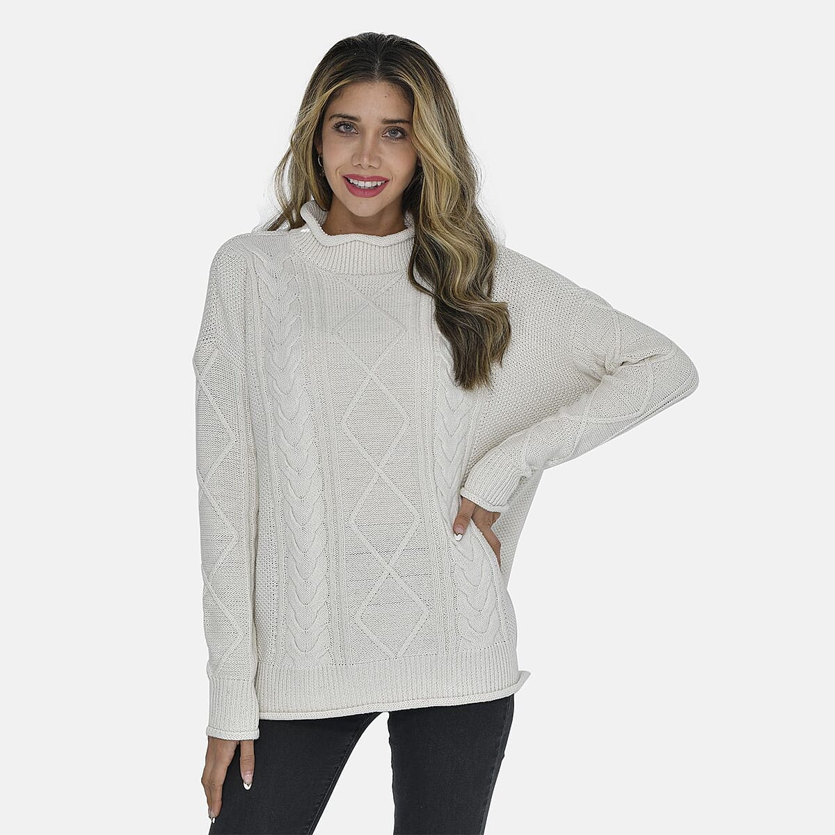 Tamsy White Traditional Roll Neck Fisherman Sweater - M image number 3