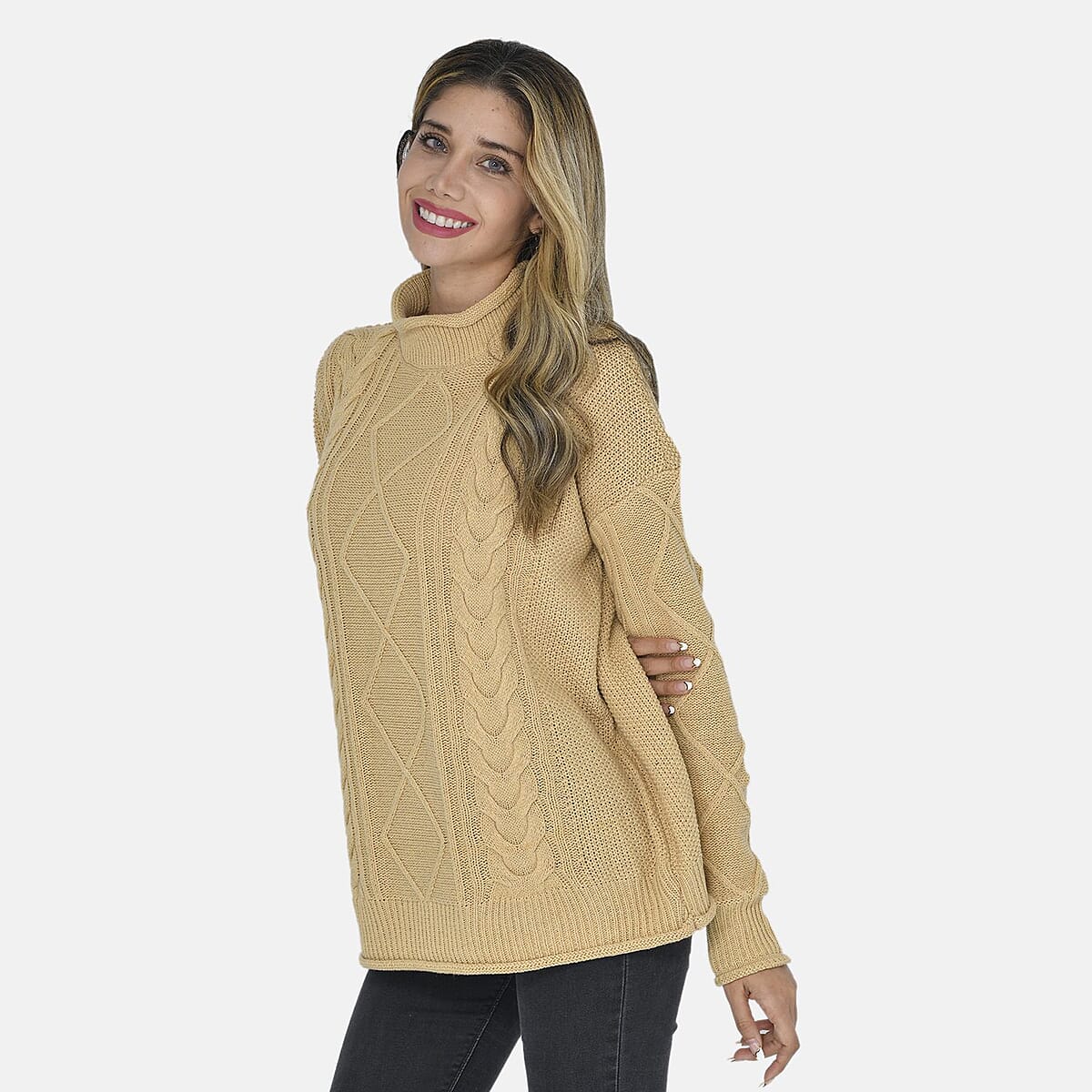 Tamsy Khaki Traditional Roll Neck Fisherman Sweater - M image number 3