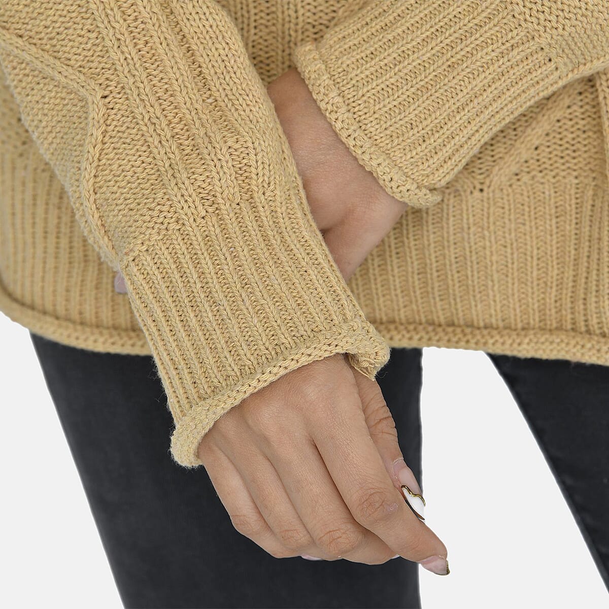 Tamsy Khaki Traditional Roll Neck Fisherman Sweater - M image number 4