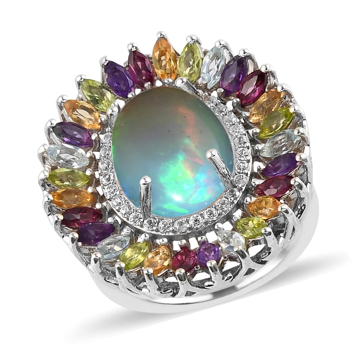 Ethiopian Welo Opal and Multi Gemstone Cocktail Ring in Sterling Silver (Size 7.0) 7.35 Grams 5.75 ctw image number 0