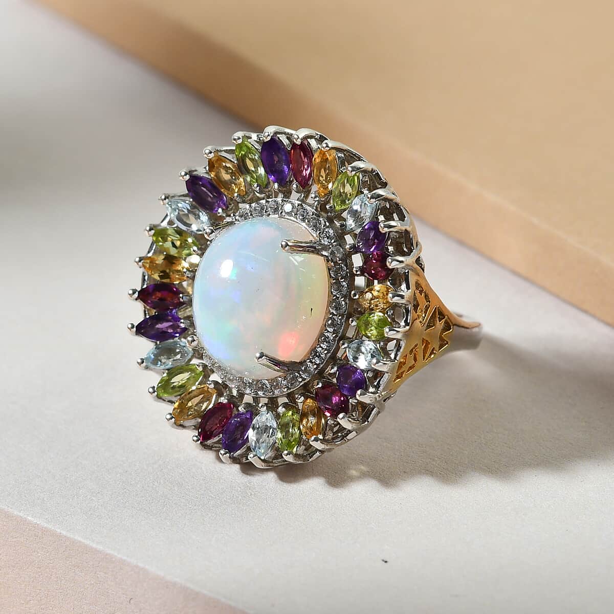 Ethiopian Welo Opal and Multi Gemstone Cocktail Ring in Sterling Silver (Size 7.0) 7.35 Grams 5.75 ctw image number 1