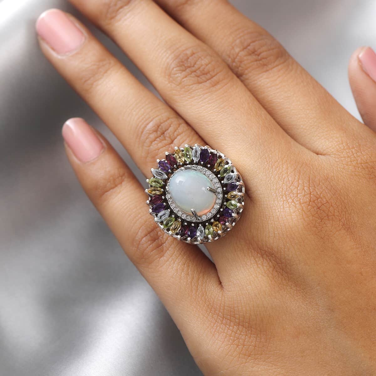Ethiopian Welo Opal and Multi Gemstone Cocktail Ring in Sterling Silver (Size 7.0) 7.35 Grams 5.75 ctw image number 2