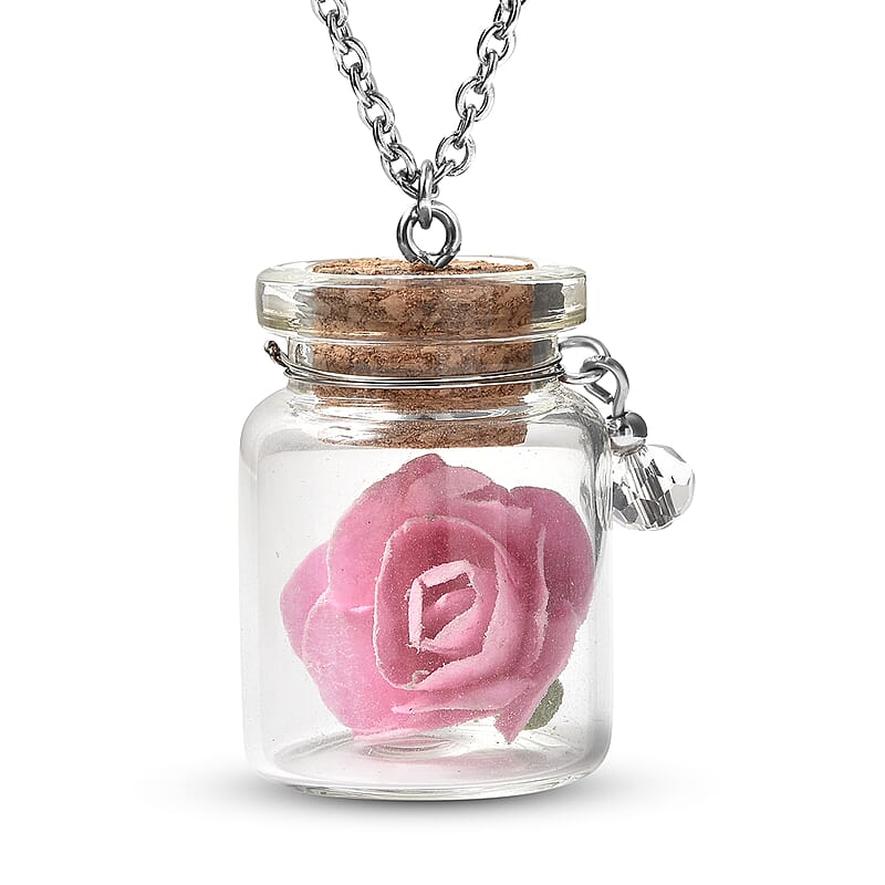 Pink Rose in Openable Glass Bottle Pendant Necklace 20 Inches with Charm in Stainless Steel