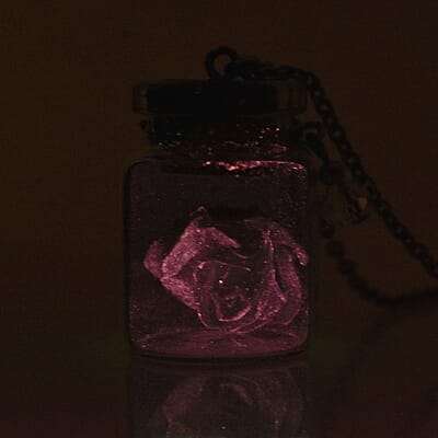 Pink Rose in Openable Glass Bottle Pendant Necklace 20 Inches with Charm in Stainless Steel