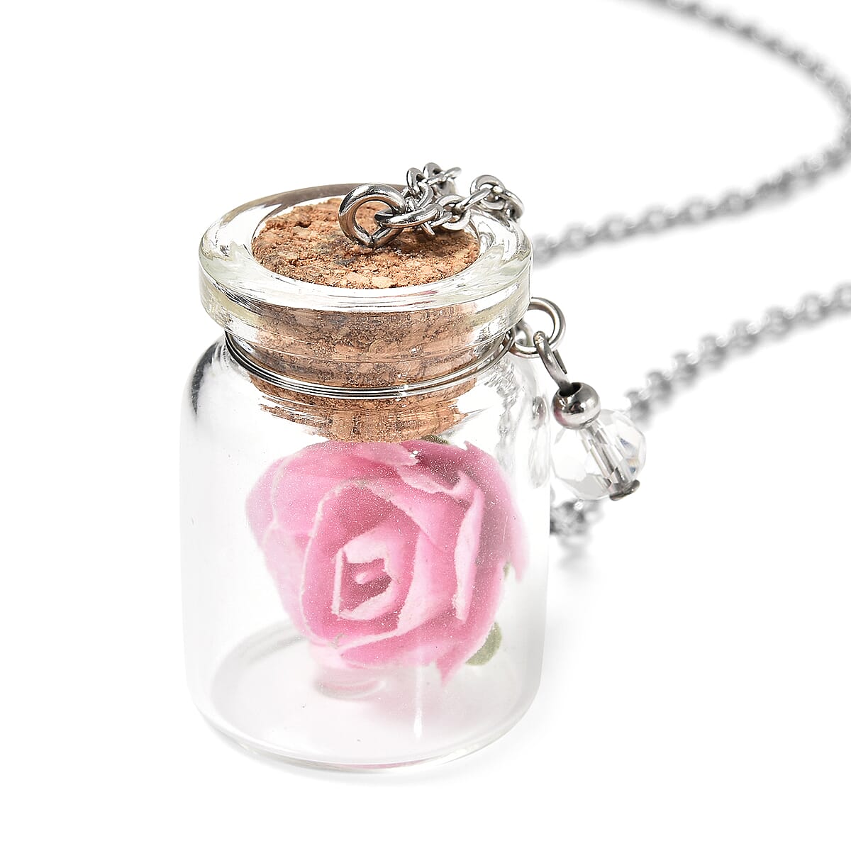 Pink Rose in Openable Glass Bottle Pendant Necklace 20 Inches with Charm in Stainless Steel image number 3