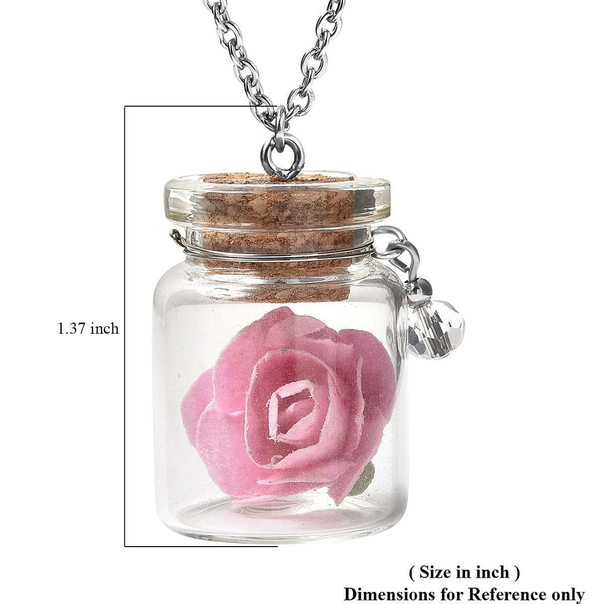 Pink Rose in Openable Glass Bottle Pendant Necklace 20 Inches with Charm in Stainless Steel image number 4